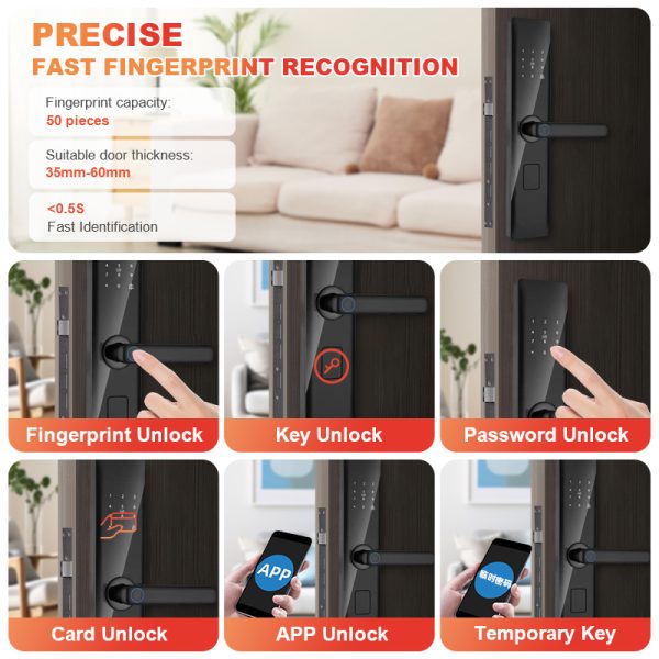 Style Competitive Price Tuya Smart Lock App Password Card Fingerprint Handle Rechargeable